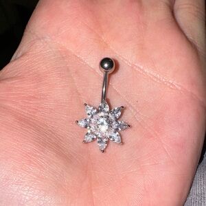 Silver Dimond Flower Belly Button Ring